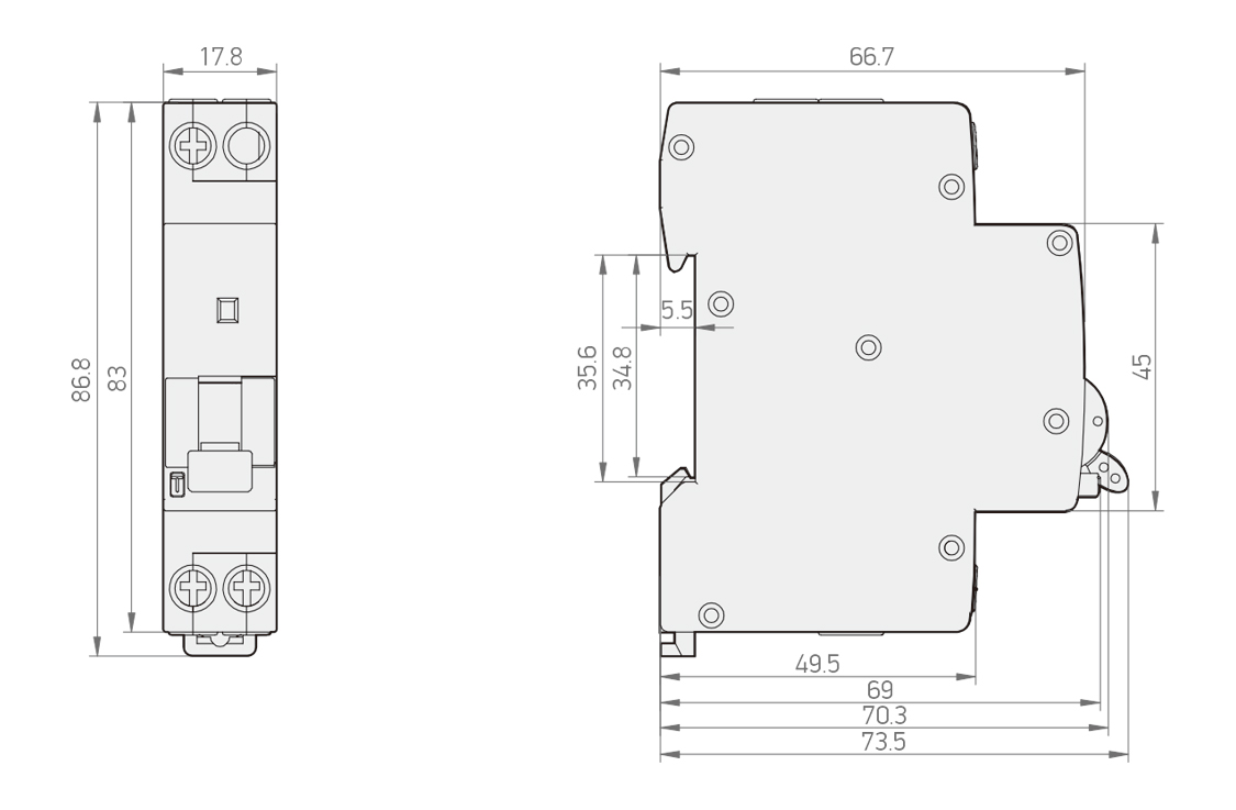 KN0 RCBO 尺寸图：宽 73.5mm，高 86.8mm，深度 69mm