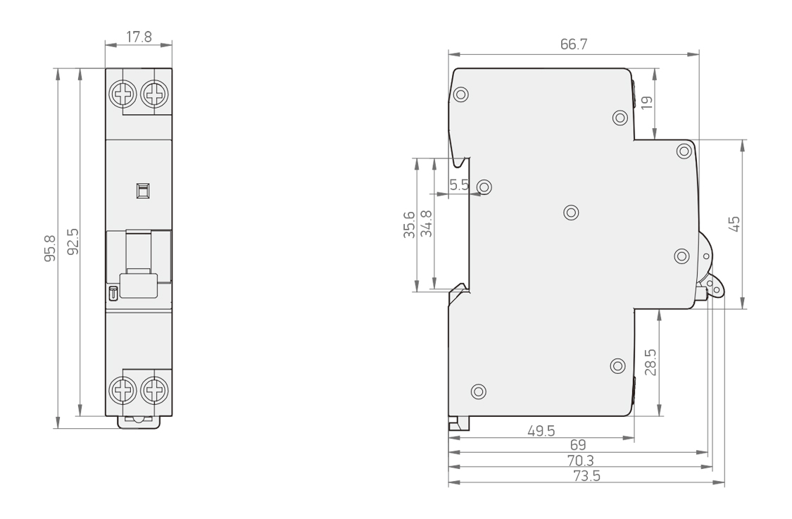 KH0 10KA RCBO 外形尺寸图（单位 mm）