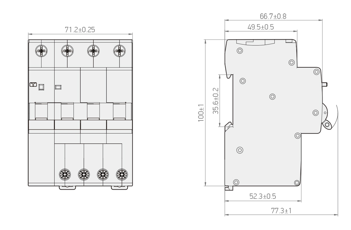 KFOH 10KA RCBO 尺寸图：宽 71.2mm，高 100mm，深度 66.7mm