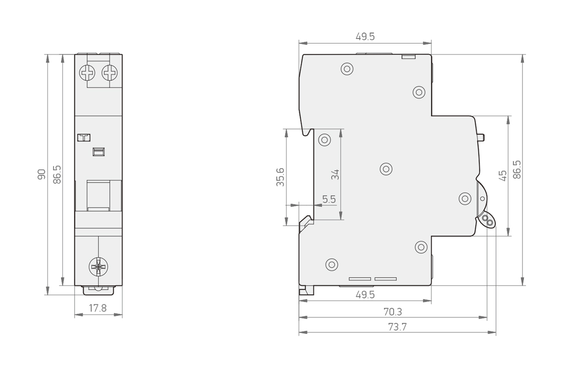 KB04 6KA RCBO 尺寸图：宽 17.8mm，高 90mm，深度 73.7mm