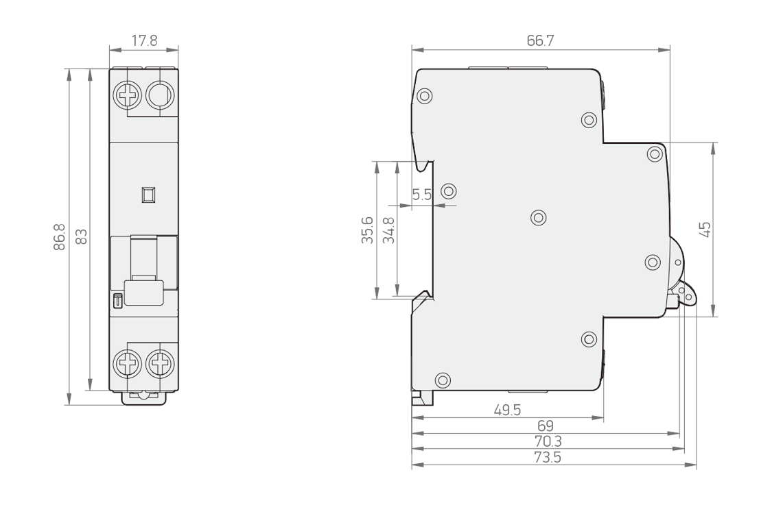 KMO 6kA RCBO 尺寸图：宽 17.8mm，高 86.8mm，深度 73.5mm