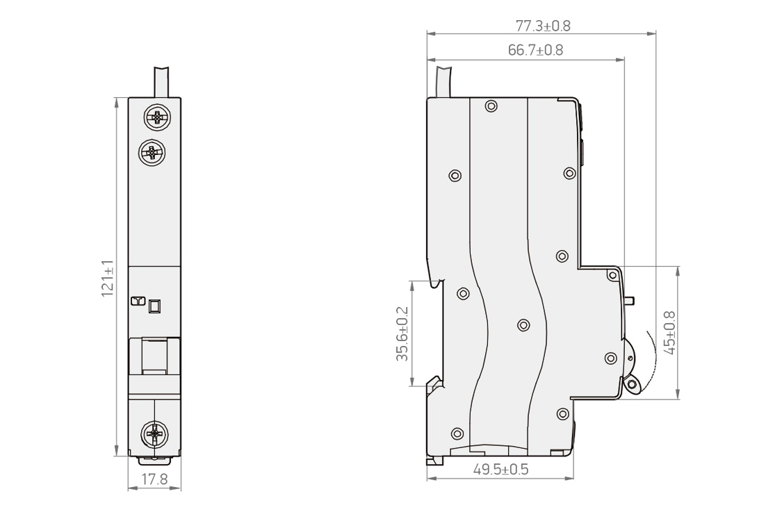 ROH 10KA RCBO 尺寸图：宽 17.8mm，高 121mm，深度 77.3mm