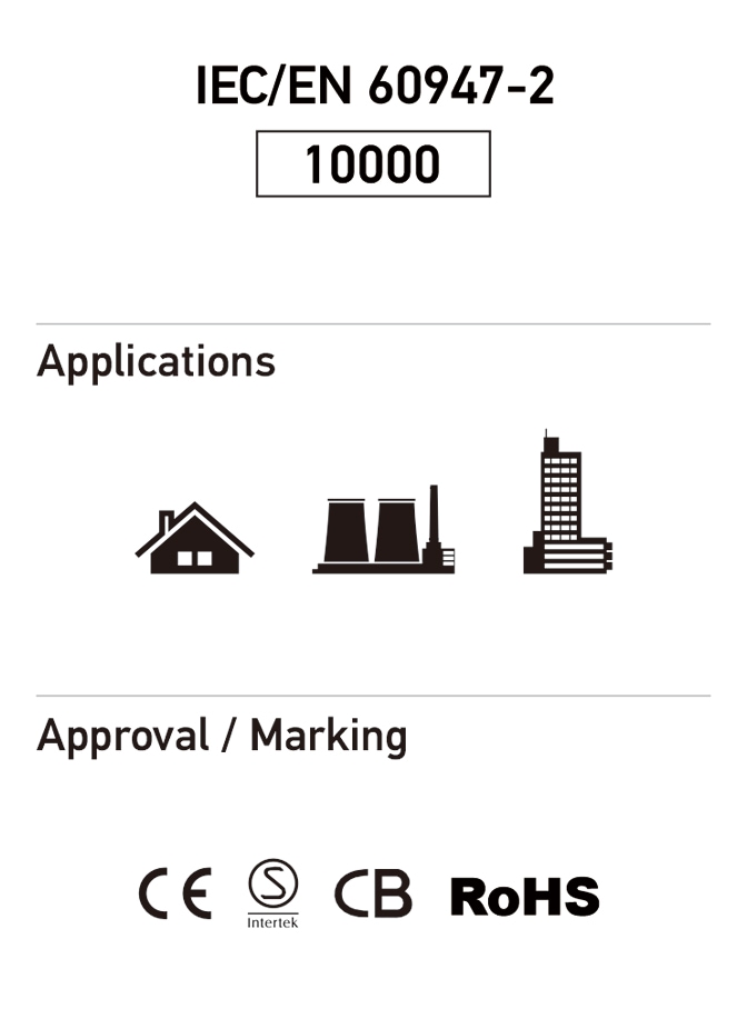 IEC/EN 60947-2 标准，额定分断能力 10000；应用场所：住宅、工业与商业建筑；CE、Intertek、CB、RoHS 认证