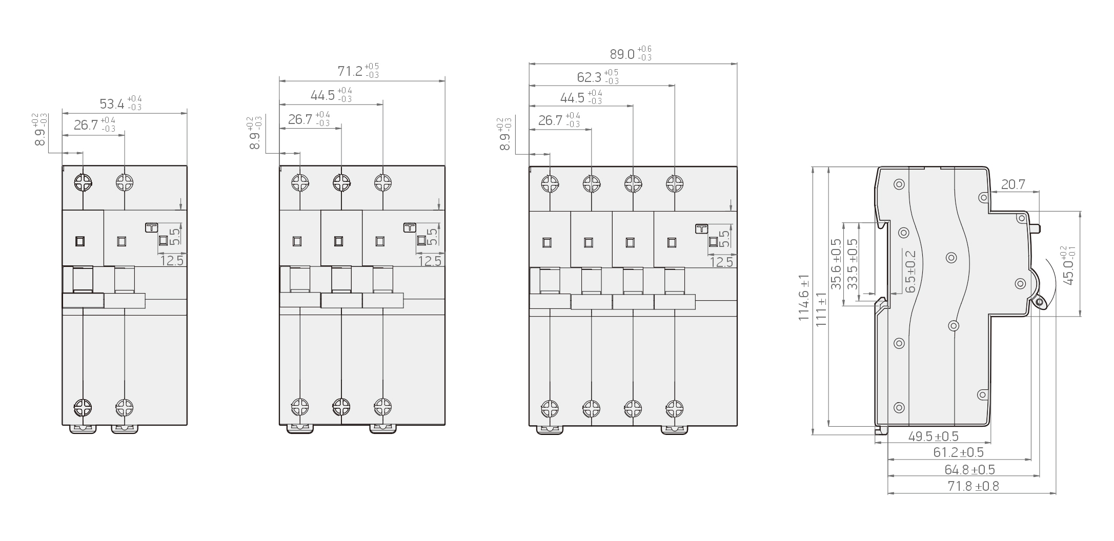 KLH 10kA RCBO 尺寸图：2P 宽 53.4mm、3P 宽 71.2mm、4P 宽 89.0mm，高 89mm，深度 71.8mm