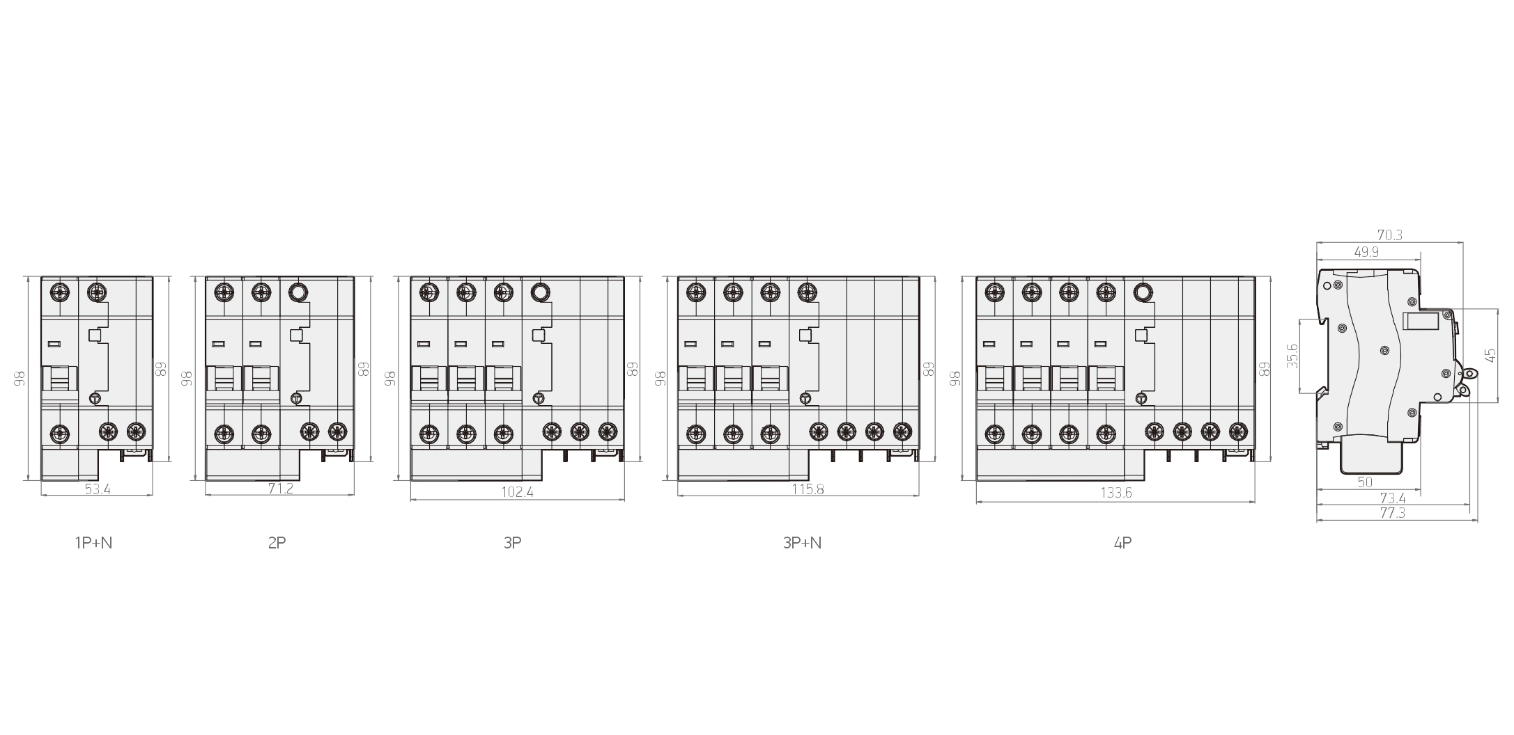 KLE 6kA Add-on RCBO 尺寸图：1P+N 53.4mm、2P 71.2mm、3P 102.4mm、3P+N 115.8mm、4P 133.8mm，高 96mm，深度 77.3mm