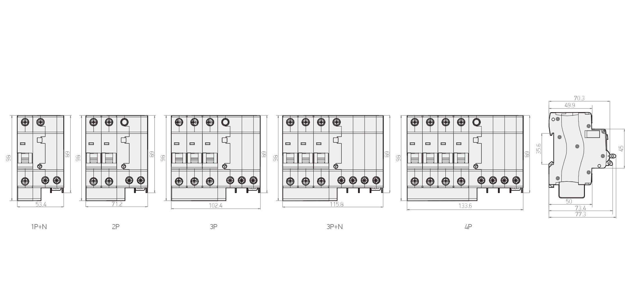 KLS 10kA Add-on RCBO 尺寸图：1P+N 53.4mm、2P 71.2mm、3P 102.4mm、3P+N 115.8mm、4P 133.8mm，高 96mm，深度 77.3mm