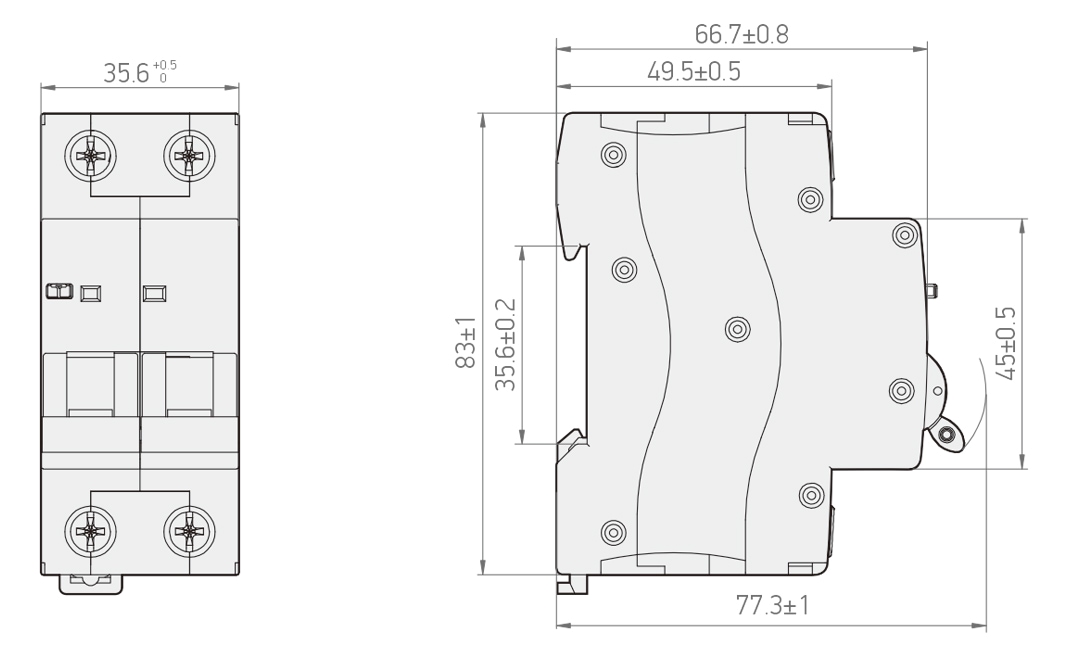 KEV 6kA Type EV RCBO 尺寸图：正面宽 35.6mm，高 83mm，深度 77.3mm，手柄侧距 45mm
