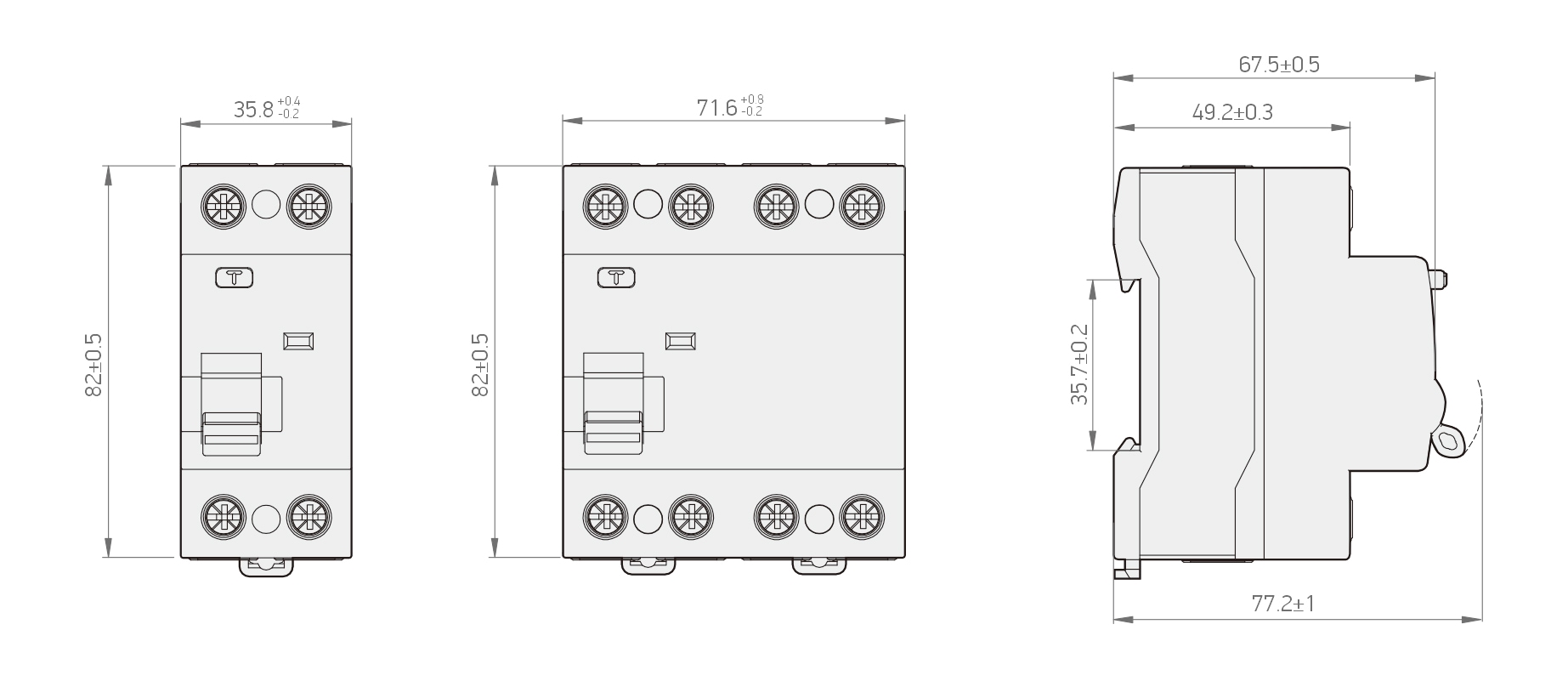 AUR8 10KA RCCB 尺寸图：1P+N 宽 35.8mm，3P+N 宽 71.6mm，高 82±0.5mm；侧面深 77.2±1mm，正面厚 35.7±0.2mm，顶宽 67.5±0.5mm