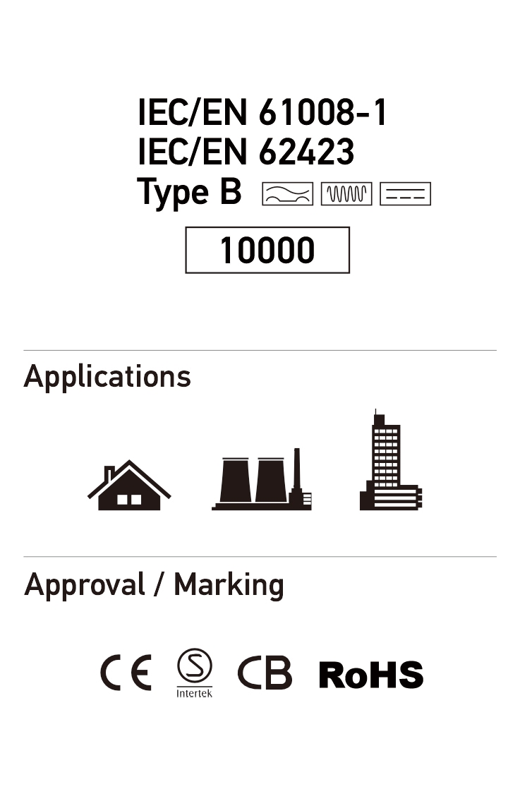 IEC/EN 61008-1 与 IEC/EN 62423 标准，Type B，额定剩余接通分断能力 10000；应用：家用、工业、高层建筑；CE、S、CB、RoHS 认证