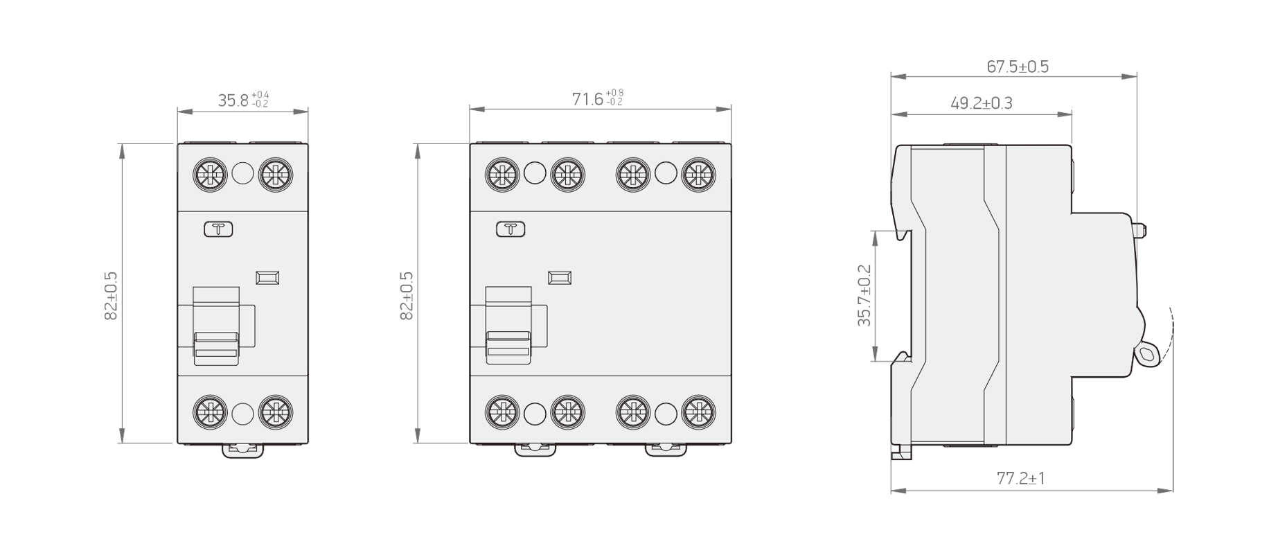 R8B 10kA Type B RCCB 尺寸图：1P+N 宽 35.8mm，3P+N 宽 71.6mm，高 82±0.5mm；侧面深 77.2±1mm，正面厚 35.7±0.2mm，顶宽 67.5±0.5mm